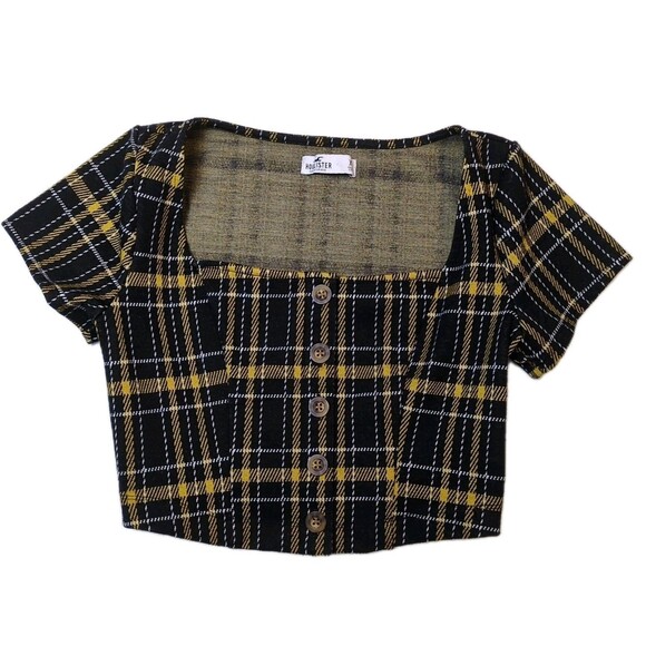 Hollister Plaid Crop Top Juniors XS Cap Sleeve Square Neck Button Black Yellow - Picture 1 of 9